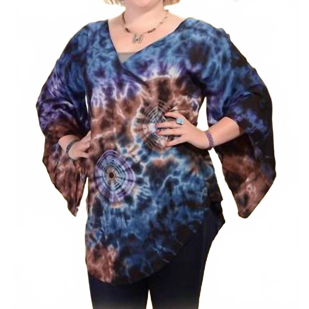 NEW GYPSY ROSE electric forest tye dye rayon angelic blouse in blue